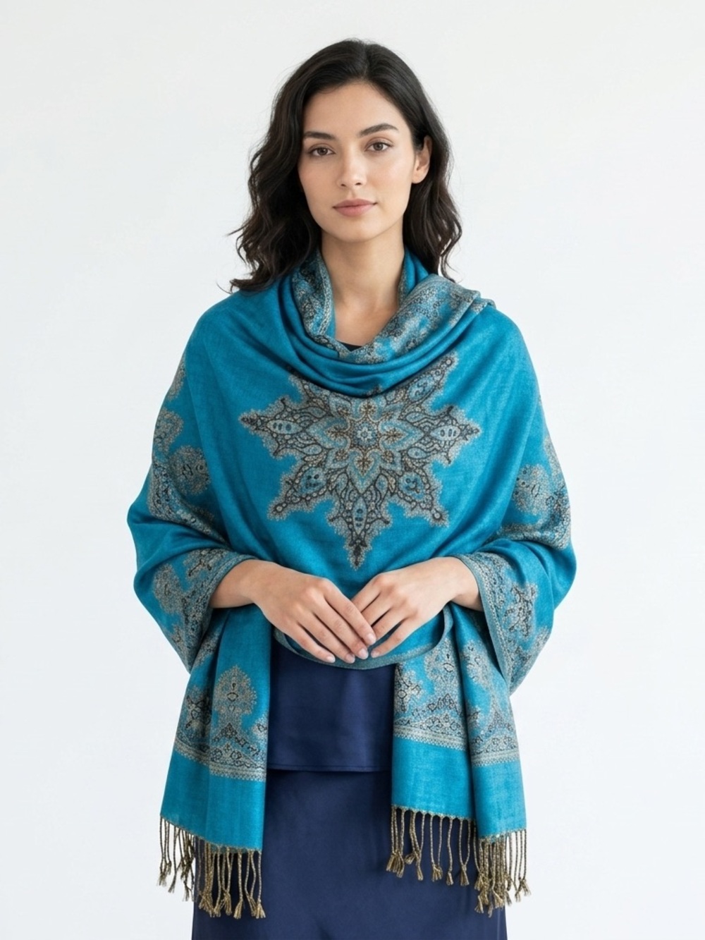 Luxury Pashmina Silk Blend Wrap Scarf Shawl, Teal & Khaki/Gold